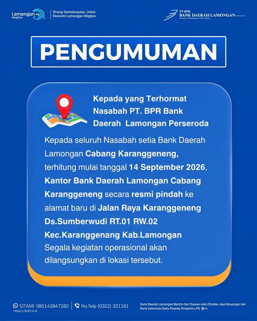 Pengumuman Relokasi Kantor PT BPR Bank Daerah Lamongan Cabang Karanggeneng